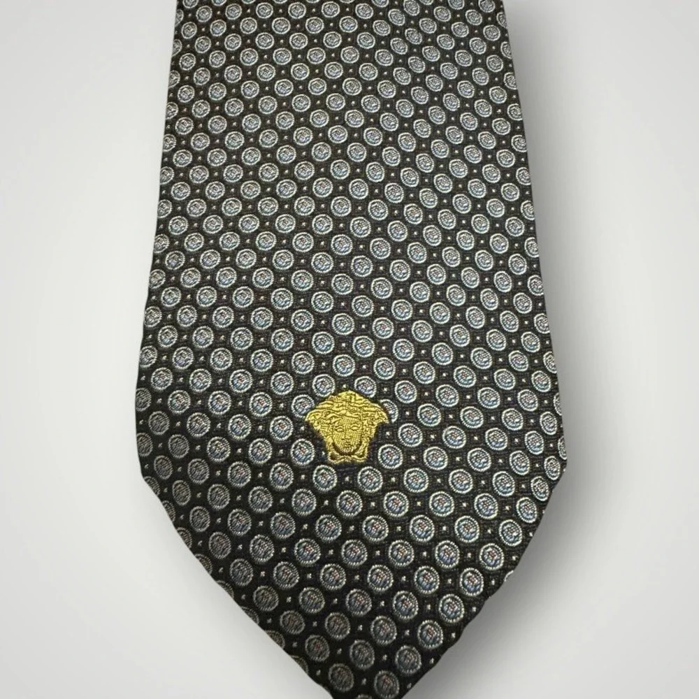 Versace Silk Tie Men Black Blue Medusa Head Micro Pattern Italy Luxury Designer